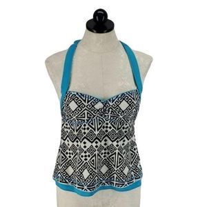 Tropical Escape Women's Blue Black Halter Style‎ Tankini Swimsuit Top Size 8